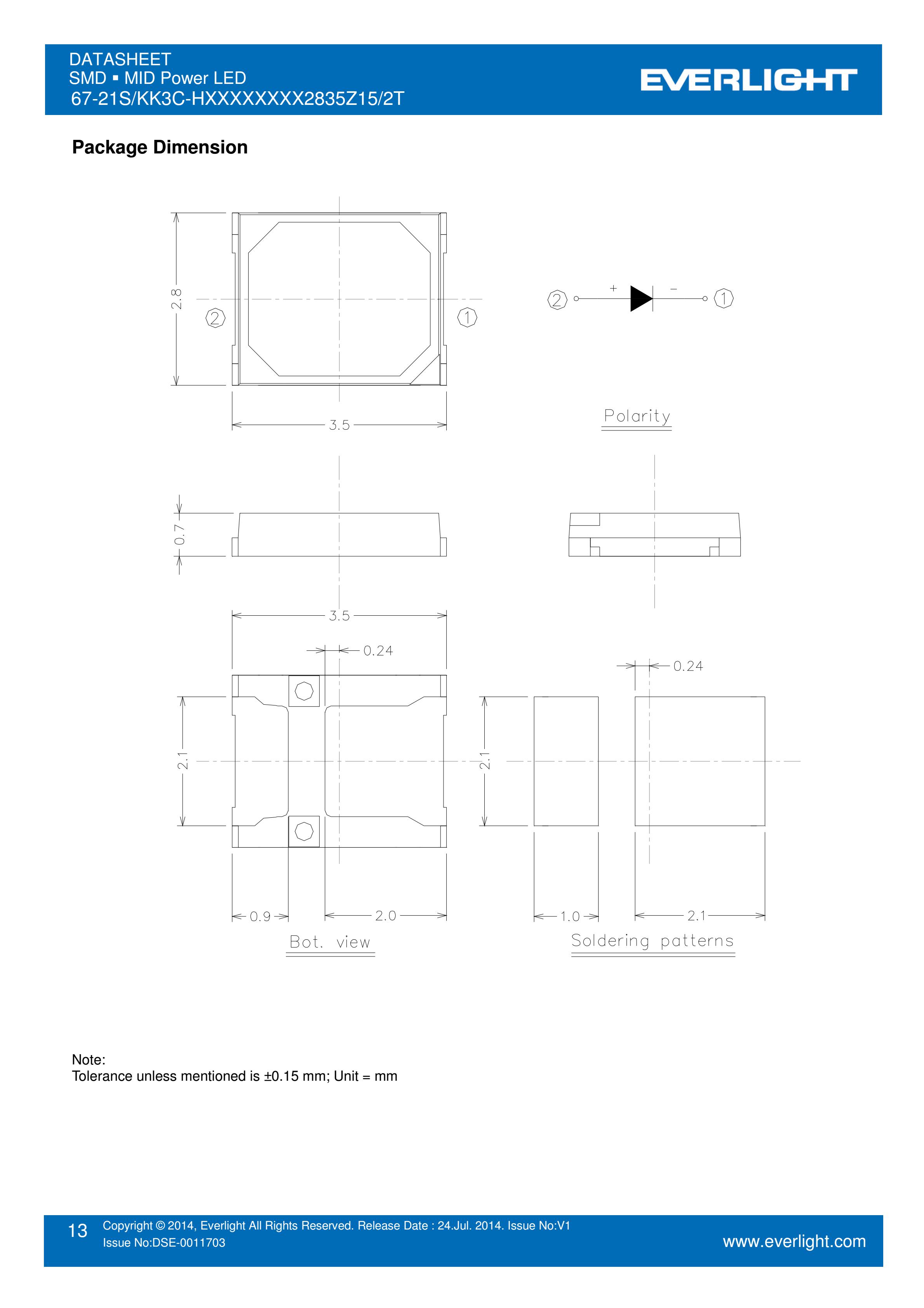 EVERLIGHT 2835 SMD LED 67-21S/KK3C-H5757R2R52835Z15/2T Datasheet