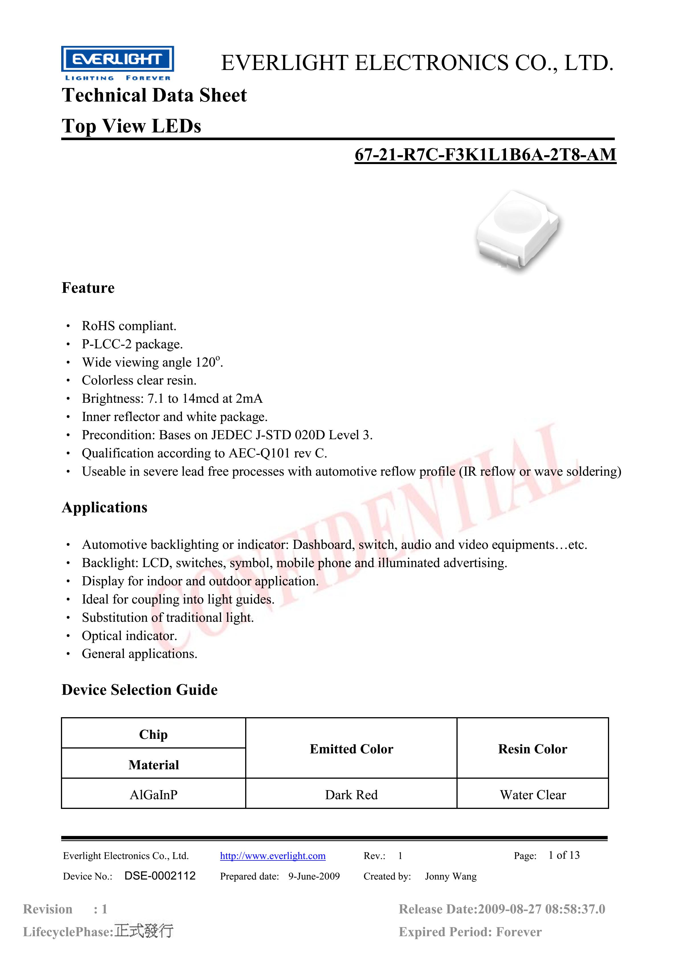 Everlight 3528 Car lamp beads 67-21-R7C-F3K1L1B6A-2T8-AM Datasheet